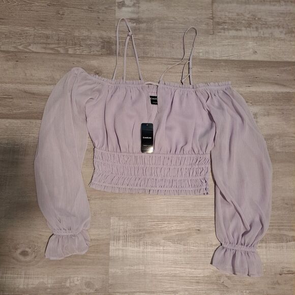 Bebe Puff Long Sleeve Button Down Blouse Purple Small NWT Flaw - Picture 1 of 7